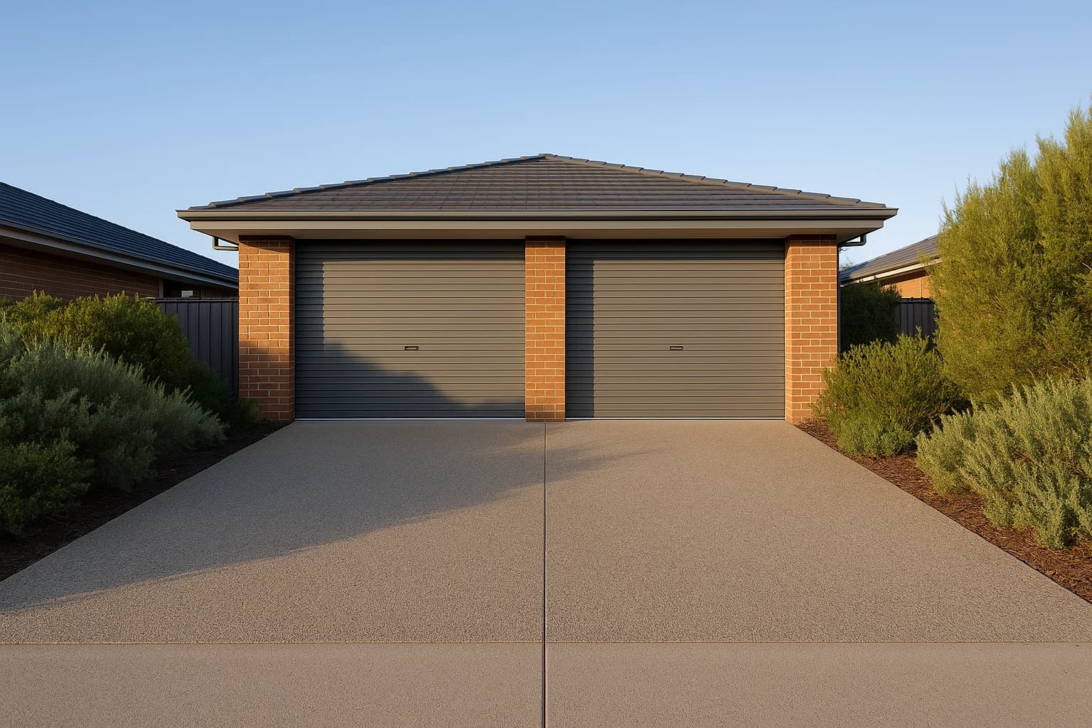 Wide residential driveway leading to a double garage in early morning light